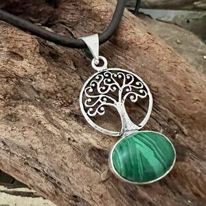 925 Sterling Silver Malachite Tree of Life Necklace Real Stone Womens jewelry